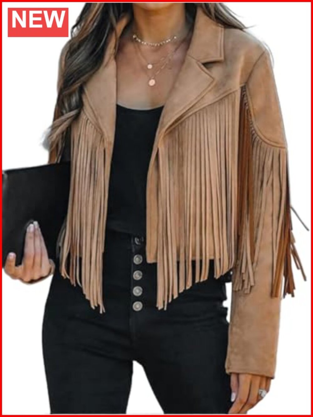 Faux Suede Leather Cropped Fringe Jacket Western Motorcycle Coat for Women Fall
